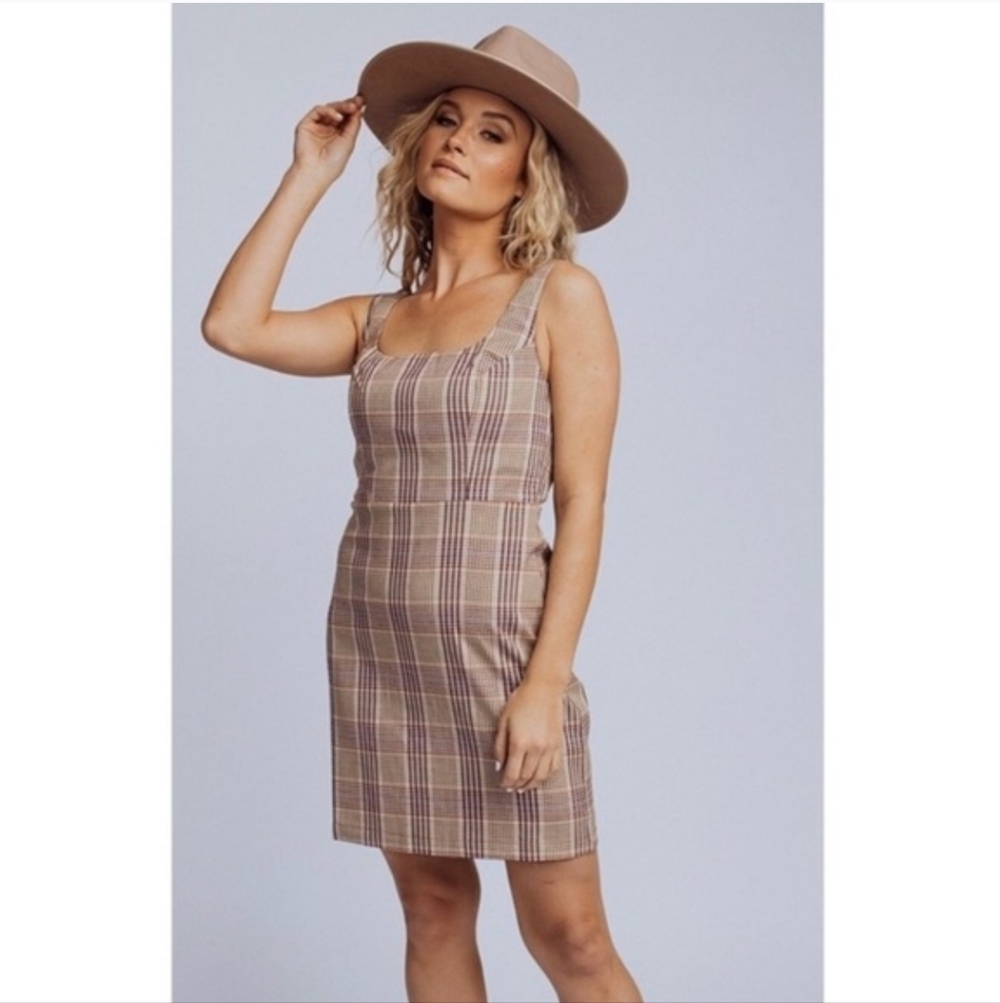 Re:named Sleeveless Brown Plaid Cutout Back Bodycon Preppy Mini Dress